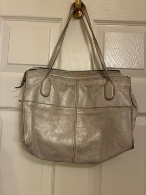 HOBO Taupe Leather Tote Bag with Front Slip Pocket